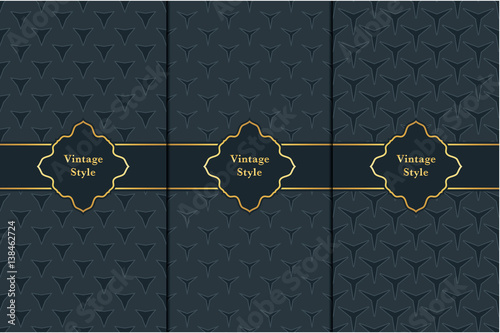 Vintage pattern on black background. Seamless pattern with golden frame for design in retro style. Universal pattern for wallpapers, textiles, fabrics, wrapping papers, packaging boxes etc