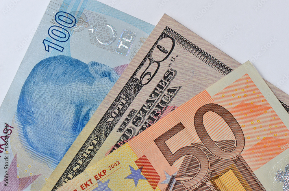 100 Turkish Lira, 50 USA Dollar and 50 Euro banknote Photos | Adobe Stock