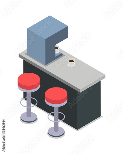 Coffee Shop Bar Counter with Red Chairs Isolated