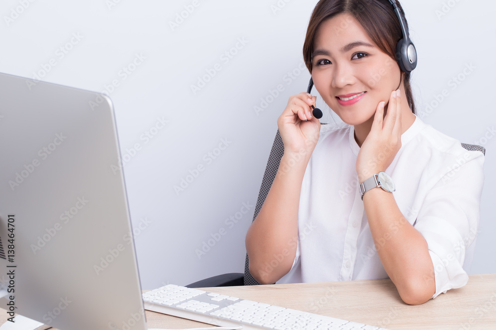 Woman working in call center she feel happy Woman working in call center she feel happy