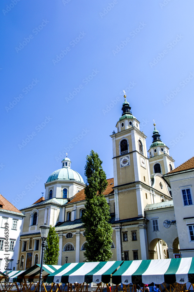 Ljubljana, market stands in front of cathedral Saint Nicholas, S