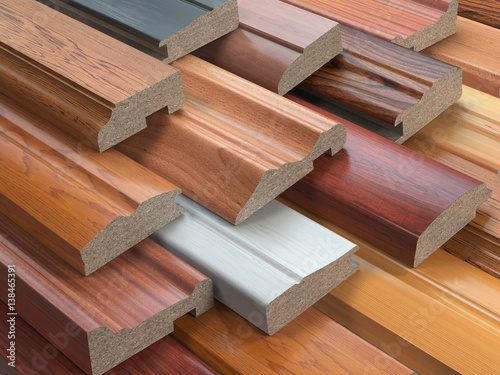 Fototapeta Naklejka Na Ścianę i Meble -  Samples of wooden furniture MDF profiles, Different medium density fiberboards.