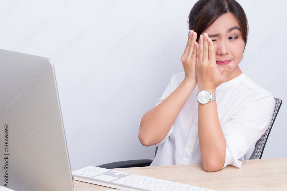 Woman use computer and she afraid something Woman use computer and she afraid something