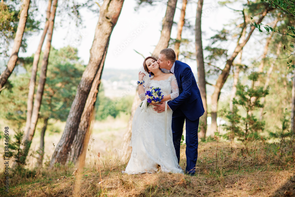 Bride and groom at pine forest, lovely wedding couple at nature. Bride and groom at pine forest, lovely wedding couple at nature.