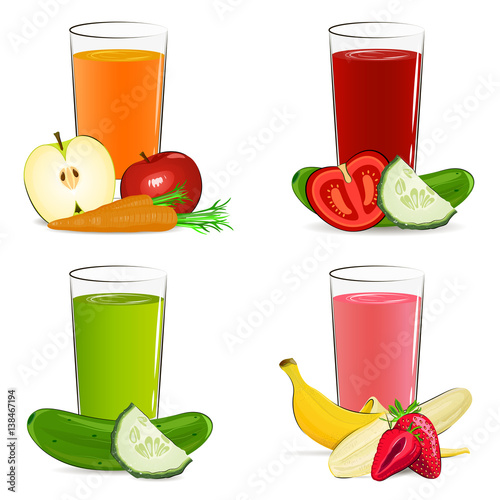 Set of vector illustration of fresh fruit and vegetable juice
