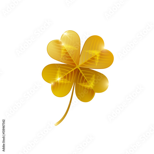 Gold shiny four leaf clover isolated on white