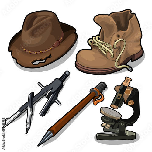 Old hat, shoes, microscope and other equipment