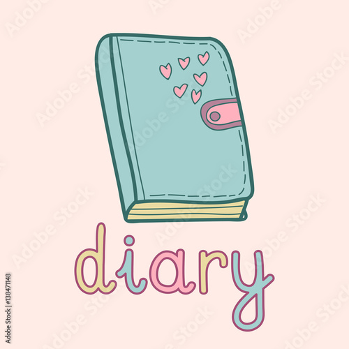 Vector illustration of cute diary. Pupil, student notebook.