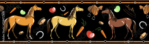 Horse and horseback riding tack tool seamless border on black. Equine sport in the leather belt frame. Cartoon Saddle  brush  bridle  stirrups  horseshoe. Hand drawing vector background. 