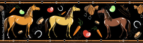 Horse and horseback riding tack tool seamless border on black. Equine sport in the leather belt frame. Cartoon Saddle, brush, bridle, stirrups, horseshoe. Hand drawing vector background. 