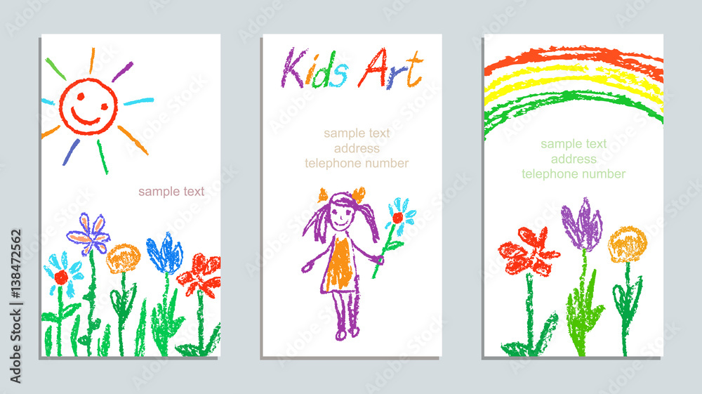 Set of wax crayon like kid`s drawn colorful cards with hand drawing ...