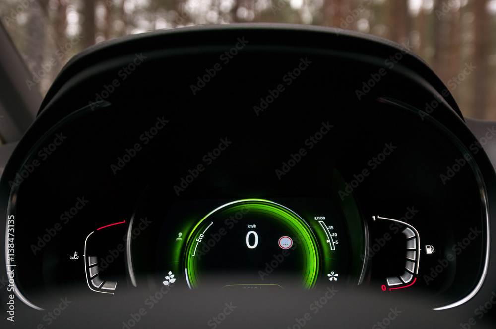 Speedometer, tachometer and odometer. Modern car dashboard. Eco driving.