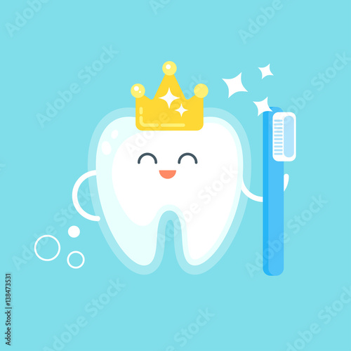 Vector flat style illustration of happy tooth with crown.