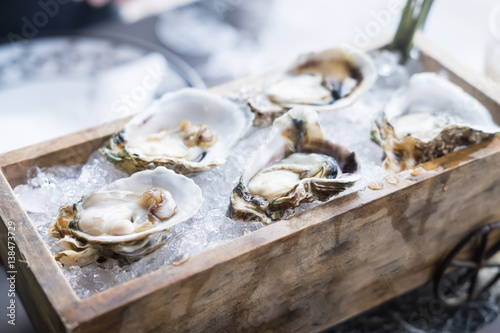 Fresh oysters on wooden tray, food background