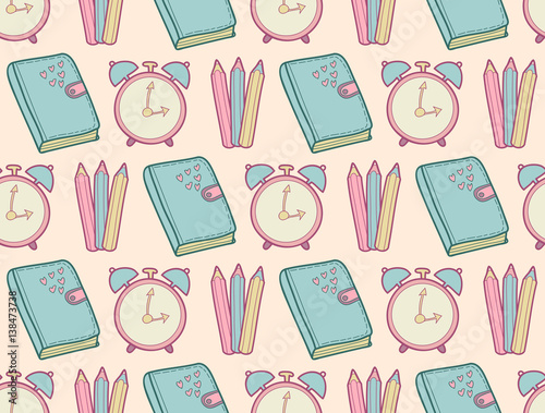 Vector cute school seamless pattern with diary, alarm clock, colored pencils.