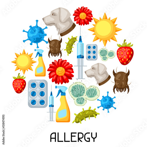 Allergy. Background with allergens and symbols. Vector illustration for medical websites advertising medications