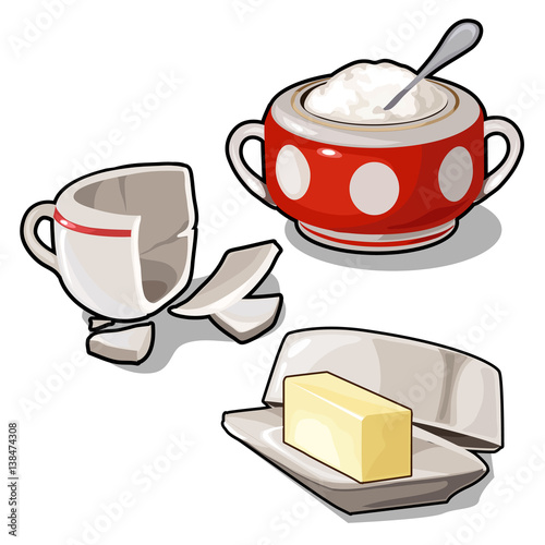Sugar bowl, butter and broken cup. Vector isolated