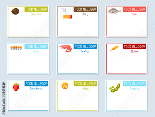 Food allergy banners with allergens and symbols. Vector illustration for medical websites advertising medications