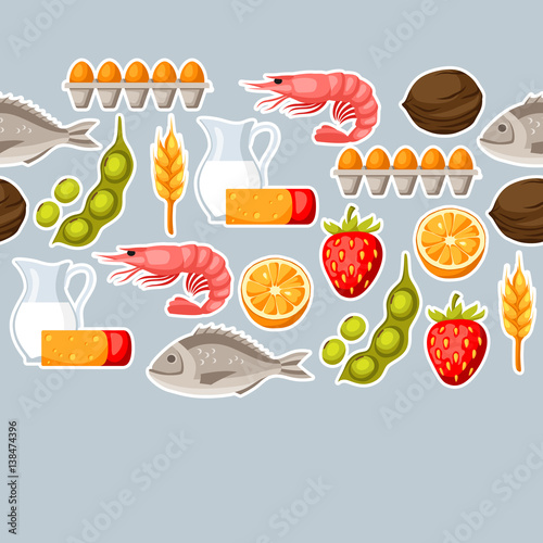 Food allergy seamless pattern with allergens and symbols. Vector illustration for medical websites advertising medications
