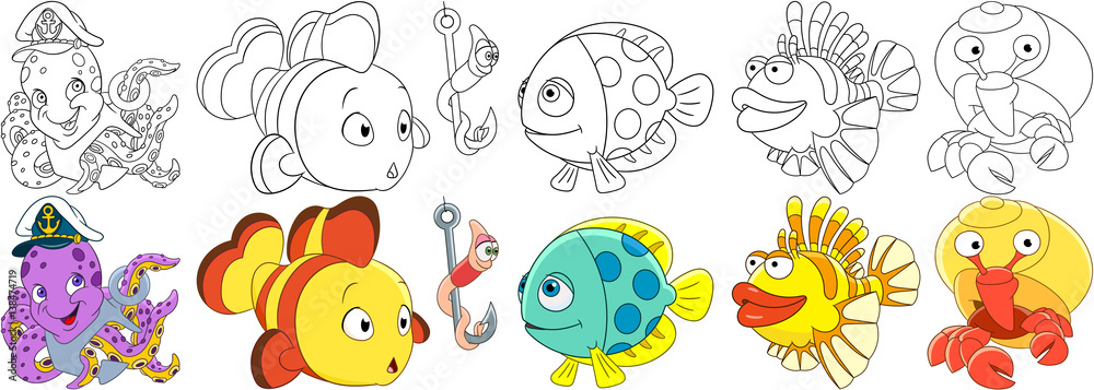 Cartoon underwater animals set. Collection of fishes. Octopus with anchor in a captain hat, clown fish, worm on a fishing hook, lionfish, hermit crab with a shell. Coloring book pages for kids.