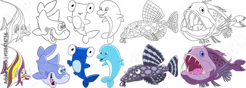 Cartoon underwater animals set. Collection of fishes. Moorish idol, simple shark, hammerhead shark, dolphin, catfish, angler fish. Coloring book pages for kids.