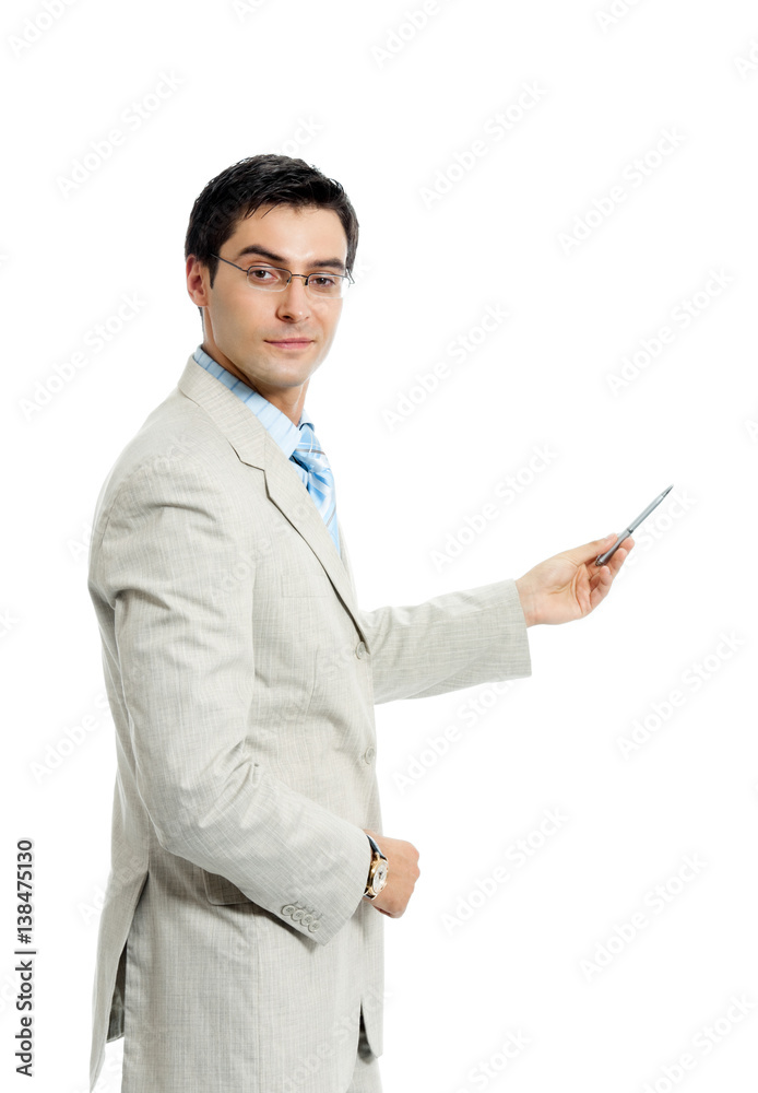 smiling showing businessman, isolated smiling showing businessman, isolated