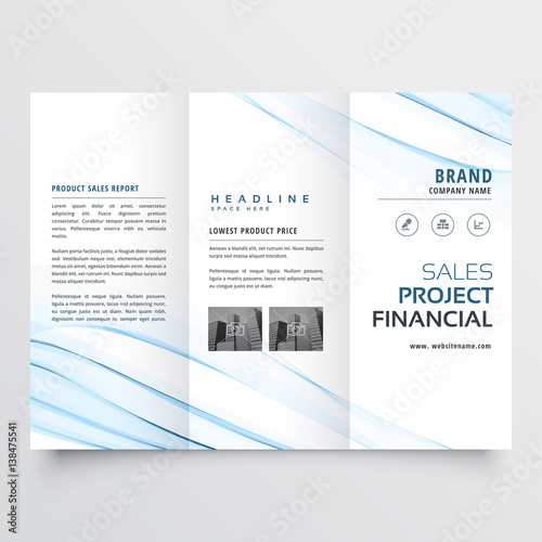 clean minimal tri-fold brochure flyer leaflet design with blue wave