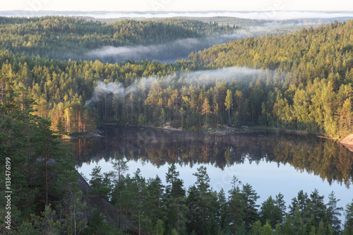 The view of the lake and wild forest from the top of the cliff in Repovesi national Park. South-East Finland.