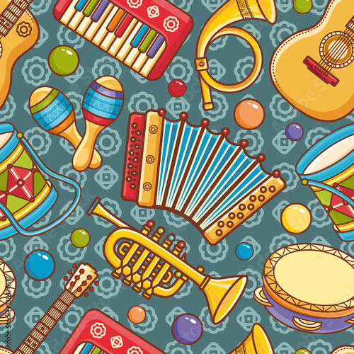 Musical instrument.  Seamless colorful pattern. Vector ornament. Cartoon style