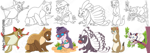 Cartoon animals set. Collection of fluffy rodents. Squirrel, marten, ferret, polecat, mole, porcupine, weasel, otter, opossum. Coloring book pages for kids.