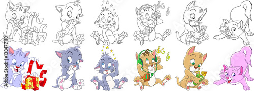 Cartoon animals set. Collection of cats and kittens with different emotions. Coloring book pages for kids.