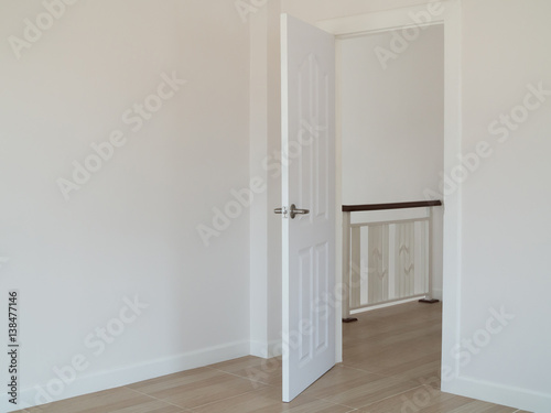 empty room with open door and white interior wall background.