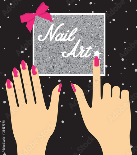 Woman hand with pink fingernails on silver background. Gift cert