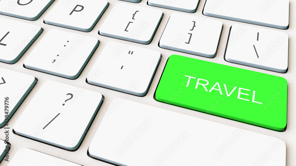 Macro shot of white computer keyboard and green travel key. Conceptual 3D rendering Macro shot of white computer keyboard and green travel key. Conceptual 3D rendering