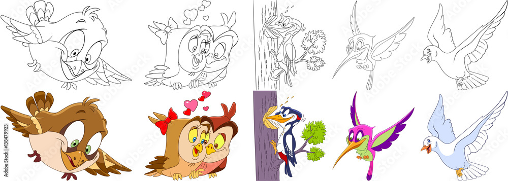 Obraz premium Cartoon animals set. Collection of birds. Sparrow, owls in love on Valentines Day, woodpecker, hummingbird (colibri), pigeon (dove). Coloring book pages for kids.