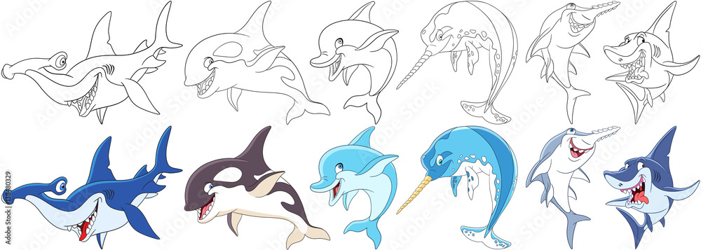 Naklejka premium Zestaw zwierząt kreskówek. Kolekcja podwodnych drapieżników. Młot, orka (orka), delfin, narwal (ryba-jednorożec), ryba piła, rekin. Książka do kolorowania dla dzieci.