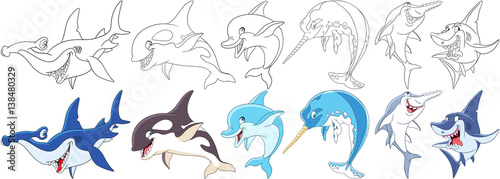Cartoon animals set. Collection of underwater predators. Hammerhead  killer whale  orca   dolphin  narwhal  unicorn-fish   sawfish  shark. Coloring book pages for kids.