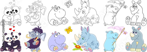 Cartoon animals set. Collection of mammals. Panda bears in love, mammoth (elephant), hippo (hippopotamus), butterfly, rhino (rhinoceros) and daisy flower. Coloring book pages for kids.
