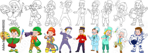 Collection of professions. Painter, photographer, firefighter (fireman), mime actor, porter (bellboy), nurse, doctor, scientist, astronaut (spaceman, cosmonaut). Coloring book pages for kids.