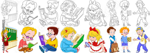 Cartoon school set. Young teacher pointing at the blackboard, pupils reading textbooks, girl with magnifier, schoolboy holding backpack, boy chess player, rapper singer. Coloring book pages for kids.