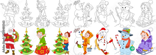 Cartoon christmas set. New Year collection. Santa claus with presents, elf, child decorating fir tree, snowman skiing, candy stick and bauble, young boy sledding. Coloring book pages for kids.