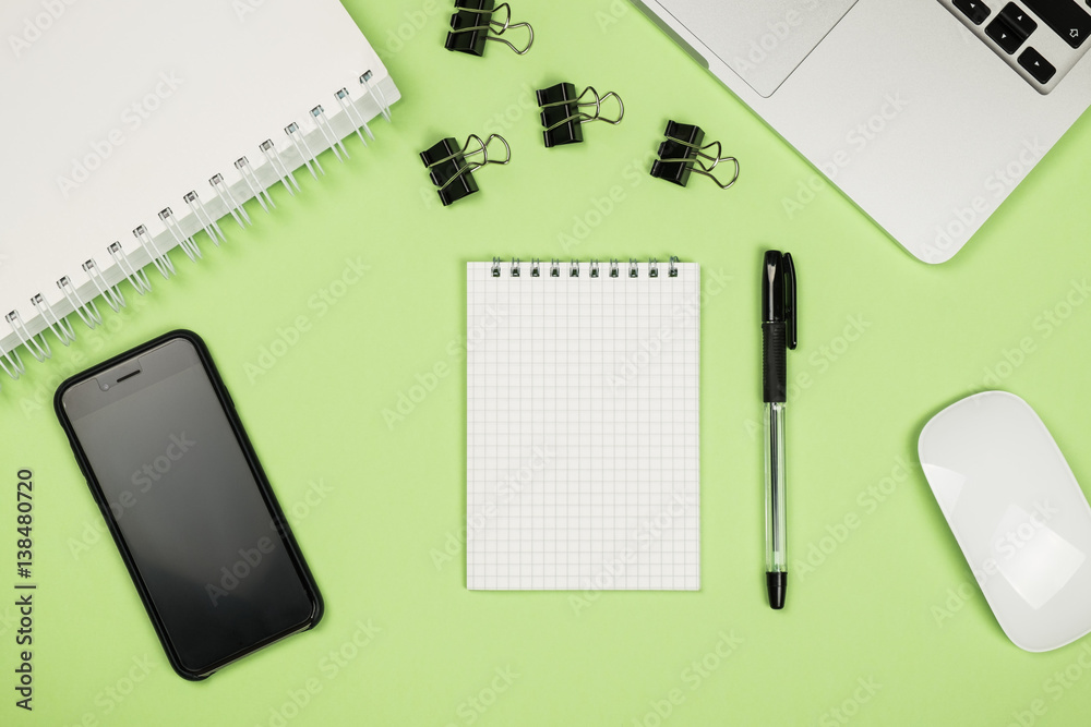 Creative design mockup set of workspace desk with notebook Creative design mockup set of workspace desk with notebook
