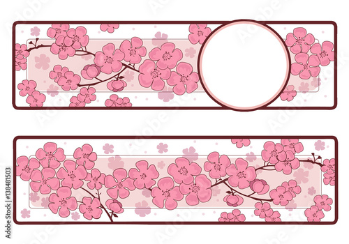 Horizontal banners of pink beautiful sakura branch with flowers