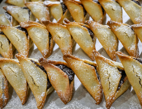 Hamantaschen cookies at the bakery display for Purim Celebration.