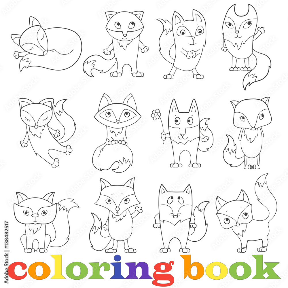 Illustration with set of contour funny foxes, coloring book Illustration with set of contour funny foxes, coloring book