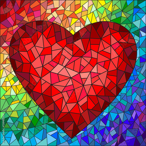 Illustration in stained glass style with red heart on the rainbow in the background