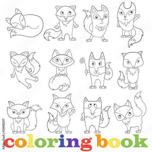 Illustration with set of contour funny foxes, coloring book