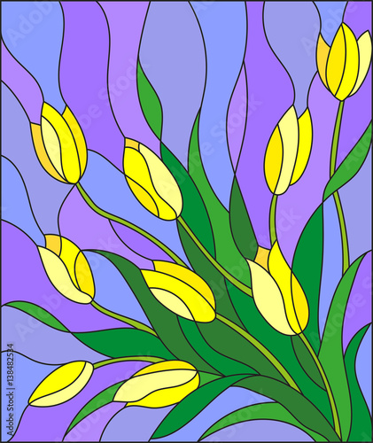 Illustration in stained glass style with a bouquet of yellow tulipson a purple background photo