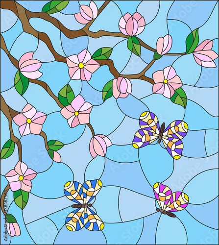 Illustration in stained glass style with abstract cherry blossoms and butterflies on a sky background