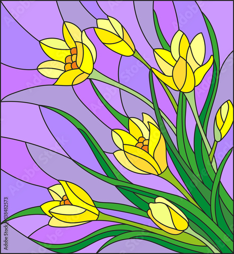 Illustration in stained glass style with bouquet of  yellow crocuses  on a purple background 